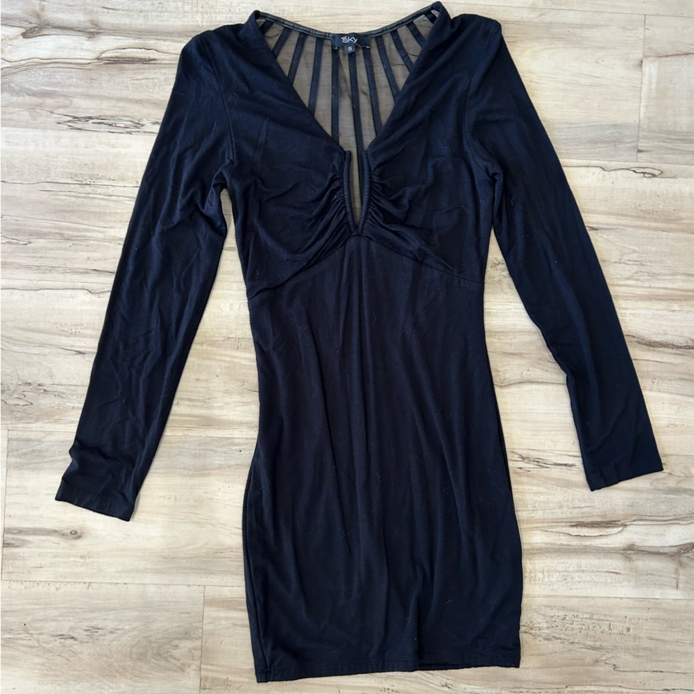 Vintage tight black longsleeve low back cotton stretch dress with leather detail